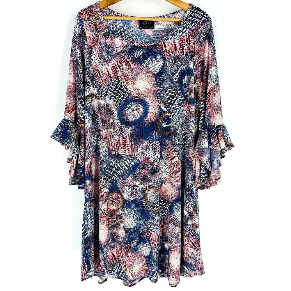 Amana Multicolored Abstract Print Boat Neck Ruffle Sleeve Tunic Blouse Size L
